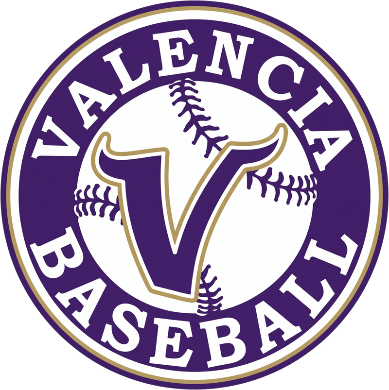 Valencia Baseball primary logo: a Vikings V over a baseball inside a purple ring reading Valencia Baseball