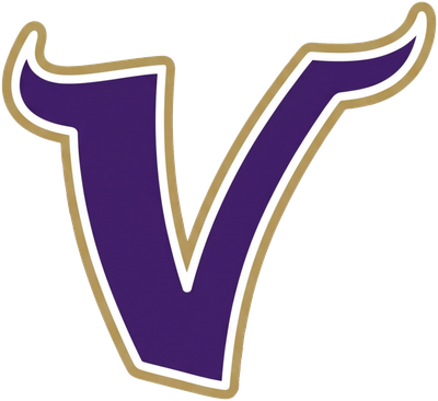 The Valencia Vikings V: a purple horned V with a white keyline and a gold outer outline