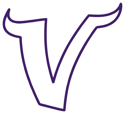 The Valencia Vikings V in white with a thin purple keyline and a white outer outline