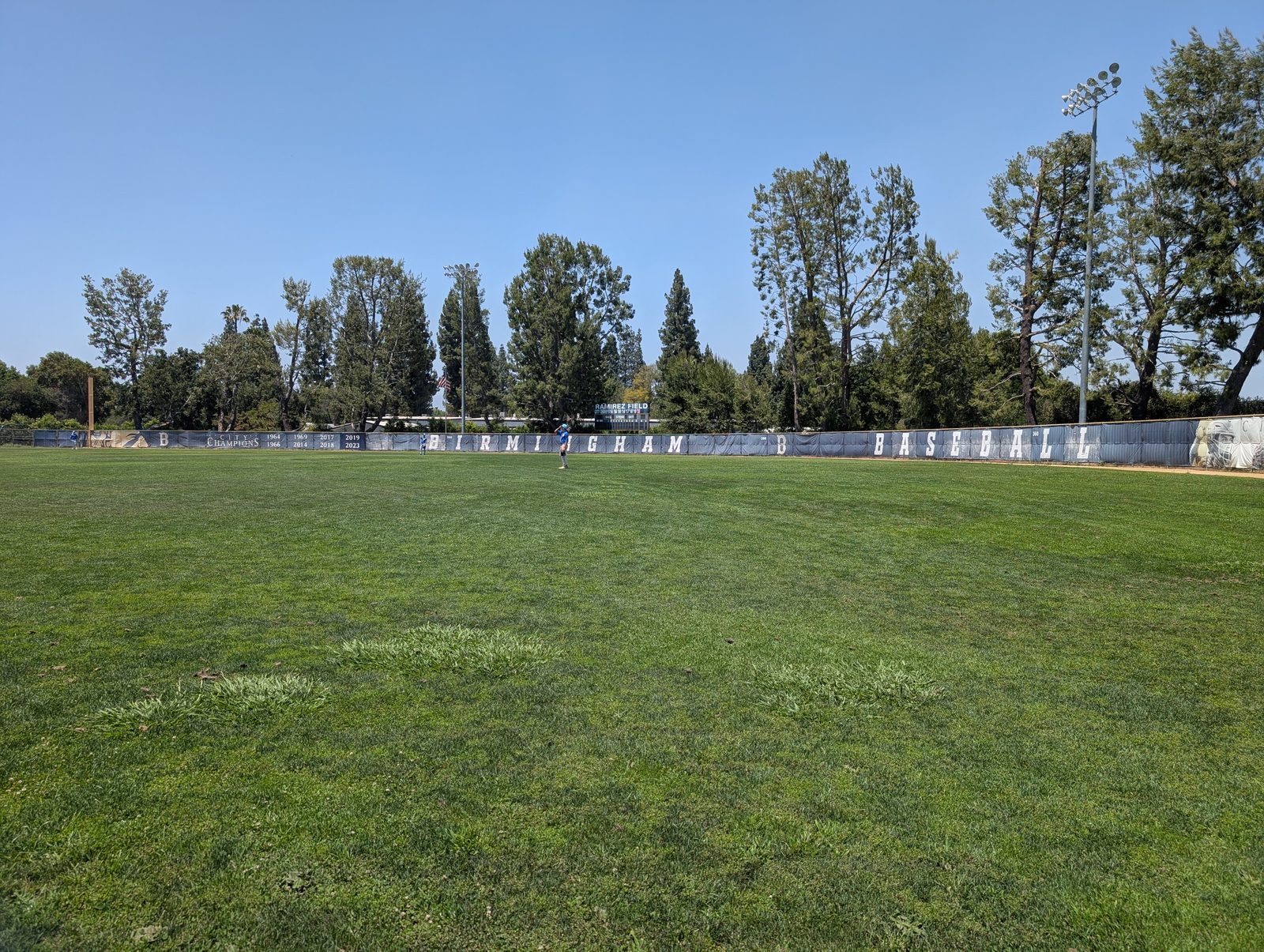 The all-grass outfield in good shape, with the 'Birmingham Baseball' outfield wall.