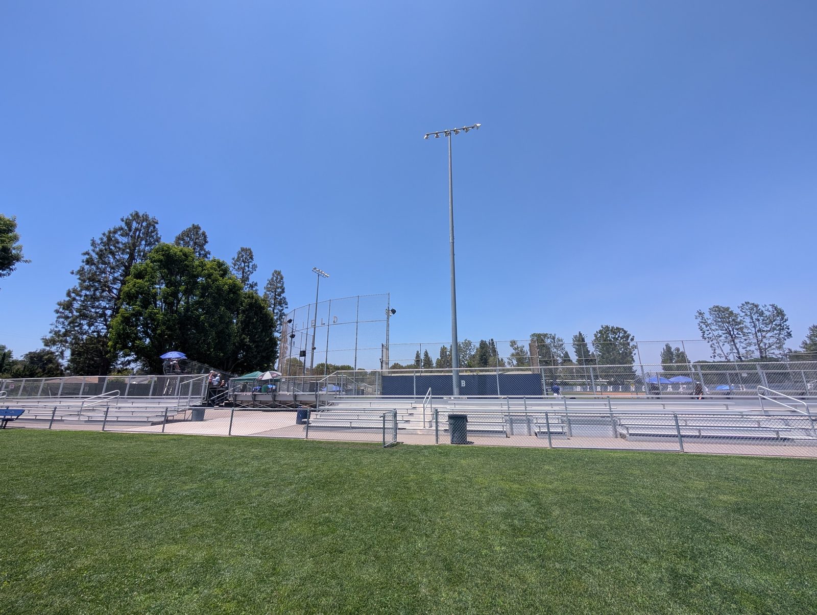 The side stadium benches. Stadium seating, but the dugout obstructs the view.