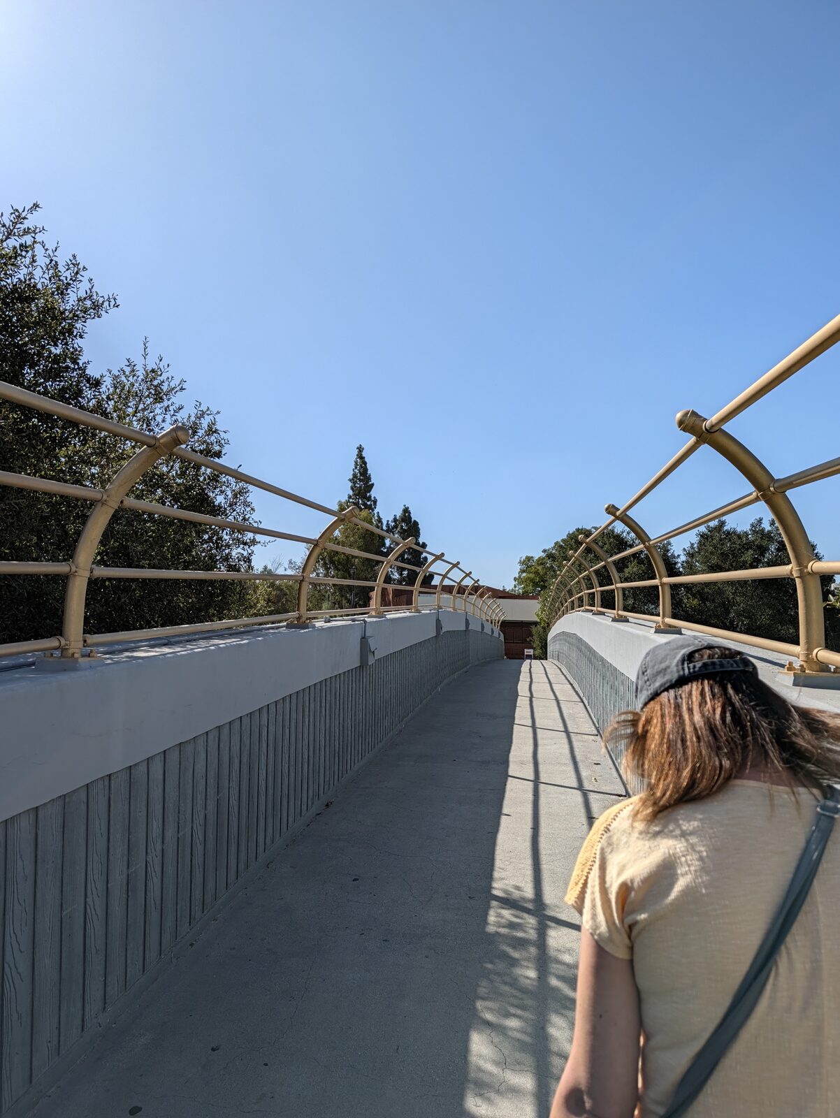 The gold-railed campus bridge. A good landmark, but not on the walk from the parking lot to the field.