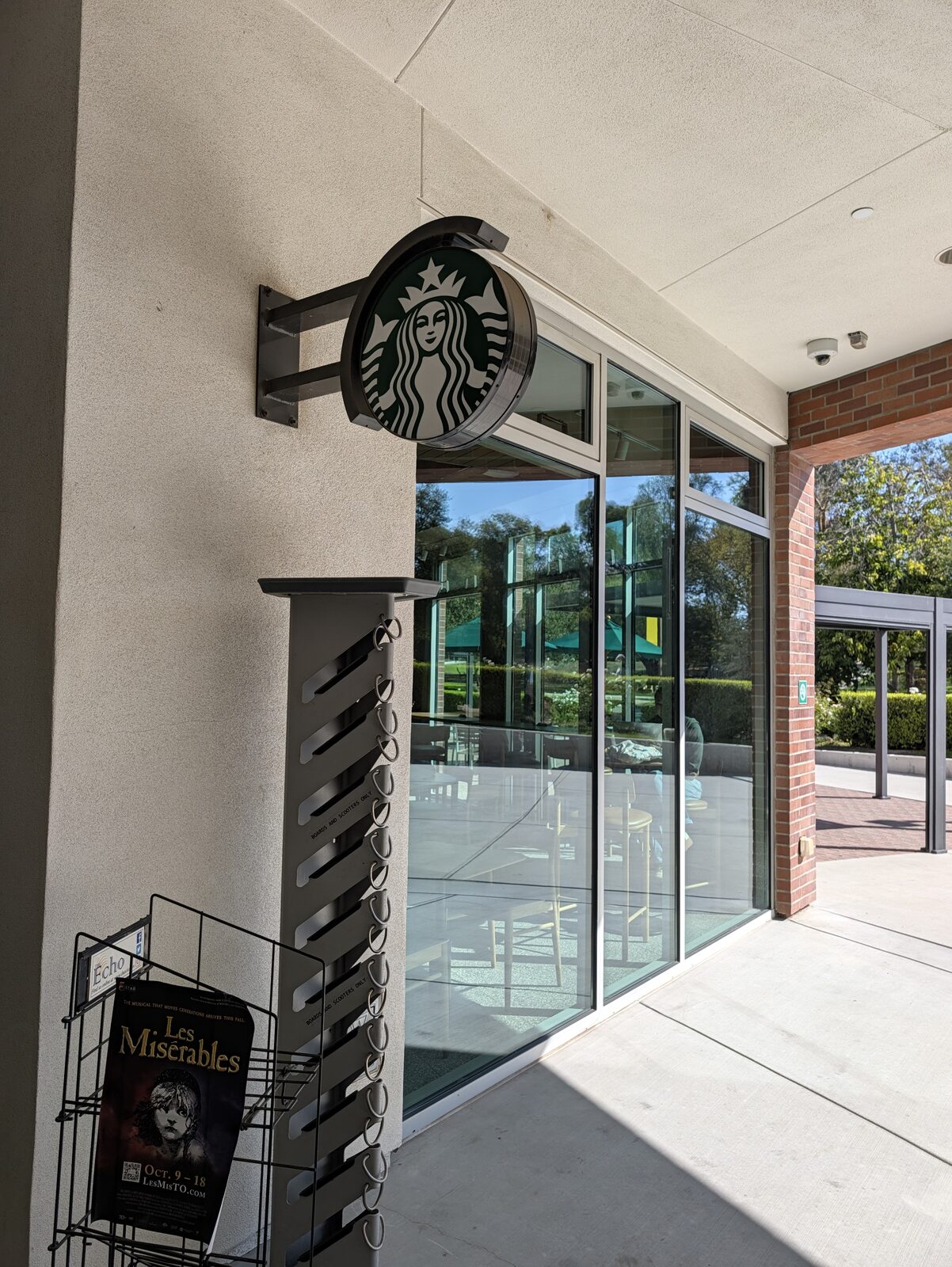 The Starbucks inside Ullman Commons, 10 to 15 minutes from the field along The Spine. Twenty to thirty minutes there and back.