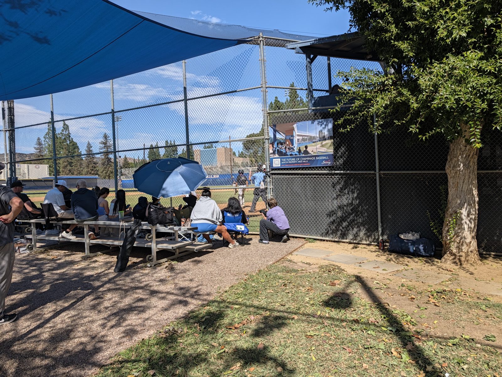 The bleachers at 11:30 AM on October 17: mostly covered, with a little sun sneaking in.